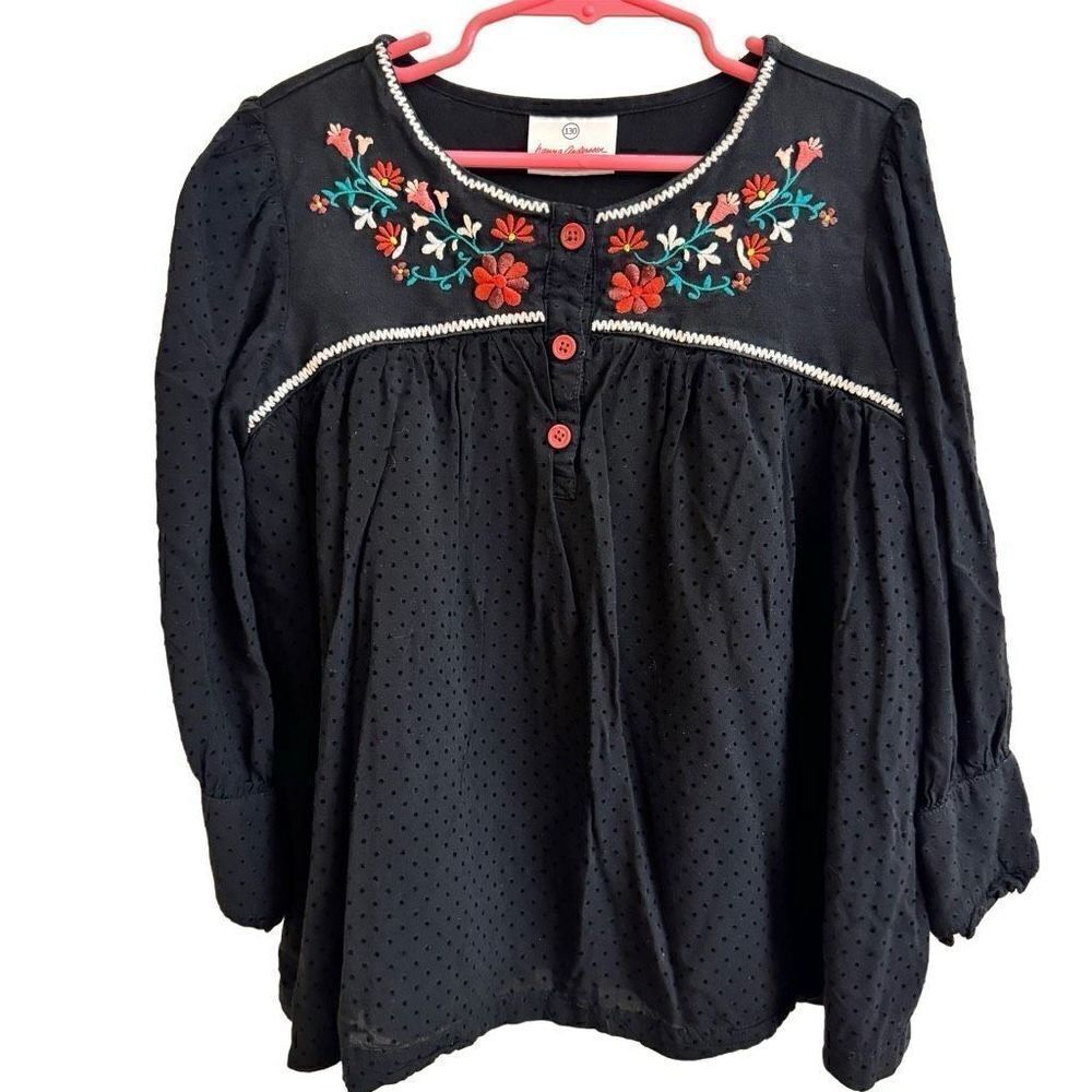 Hanna Andersson Black Swiss Dot Swing Top Red Pink Floral Embroidery Boho Size 8